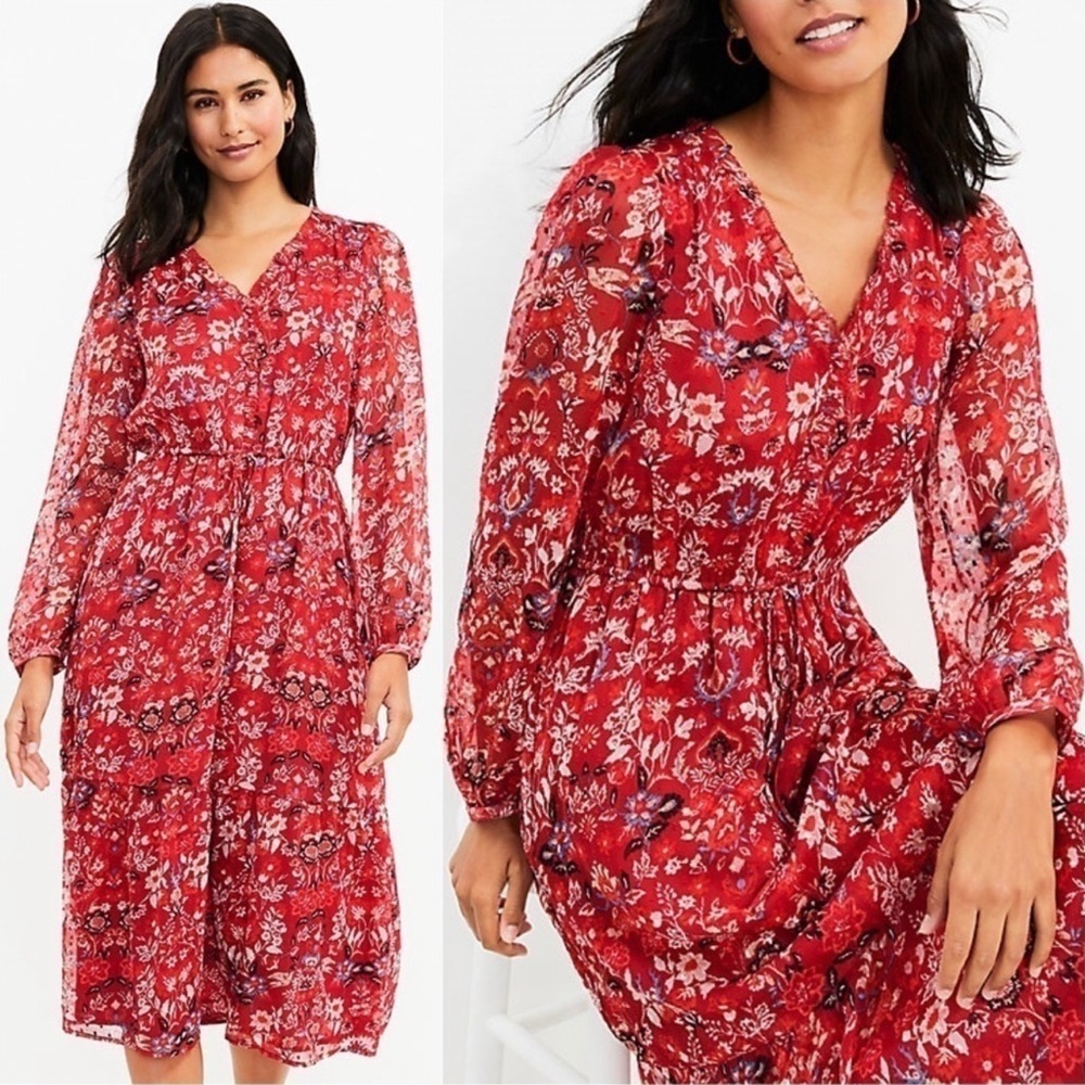 LOFT Red Floral Long Sleeve Midi Dress